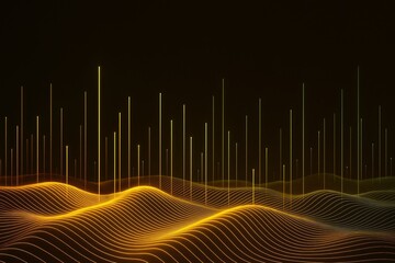 Aufkleber - Abstract glowing yellow lines forming wave patterns with vertical light beams on dark background, futuristic digital landscape concept.