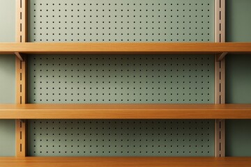 Poster - Empty wooden shelves with perforated green wall background in clean composition for product mockup or branding display template scene.