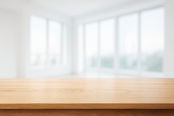 Poster - Wooden tabletop with bright blurred interior background in modern room for product display or promotional mockup concept scene template design.