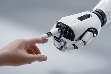 Poster - Advanced robotic hand reaching out to connect with a human hand in a gesture of collaboration and innovation