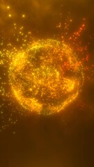 Poster - Exploding abstract sphere made of glowing orange and yellow particles in a dark space