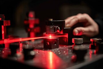 Poster - Red laser experiment in laboratory setting showcasing precision instrumentation and focus on technology