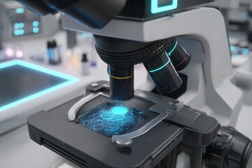 Poster - Microscope revealing intricate details of a specimen in a modern laboratory setting during daytime