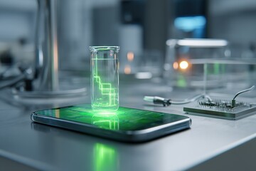 Poster - Innovative technology showcasing a glowing liquid display on a smartphone in a laboratory setting