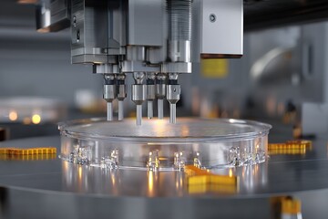 Poster - Precision robotic arms operate in a high-tech manufacturing facility for medical devices during daylight hours