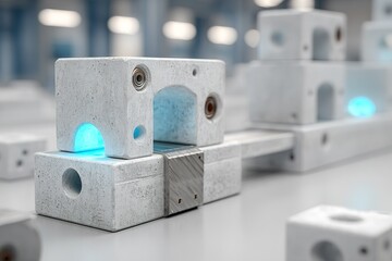 Poster - Concrete blocks with glowing interiors arranged in an industrial workspace during a design review session