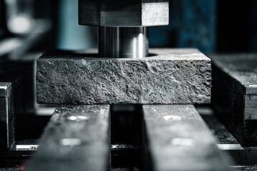 Poster - Heavy machinery compressing metal block in industrial workshop during daylight hours