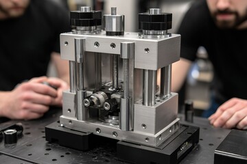 Poster - Engineers working on precision machinery in a modern workshop during the day