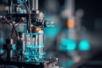 Poster - Scientific equipment in a modern lab showcasing precision instruments and blue illumination during a research experiment