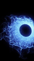 Poster - Abstract glowing blue sphere surrounded by energetic particle waves on a dark background