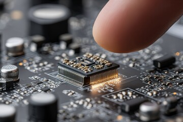 Poster - Close-up of a finger placing a chip on a motherboard during assembly in a tech workshop