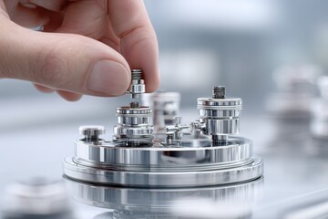 Poster - Precision assembly in modern machinery featuring intricate metal components and skilled craftsmanship