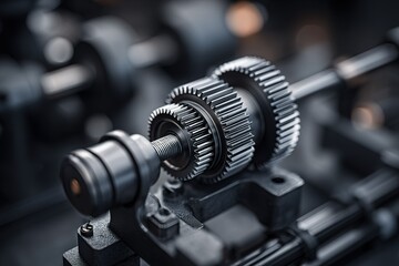 Poster - Close-up of intricate machinery gears showcasing industrial design and precision engineering in a workshop setting