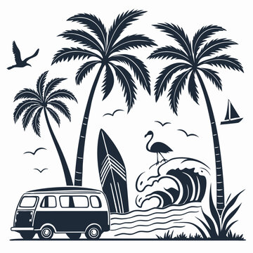 Beach vector set with palm trees, waves, surfboards, a van and ocean elements in a bold black silhouette