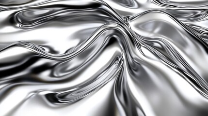 Poster - Shiny silver metallic fabric with smooth, flowing folds and reflective surface creating an abstract, liquid-like appearance.