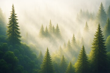 Poster - Misty pine forest with soft morning sunlight streaming through trees in peaceful nature mountain landscape background concept. Ai generative.
