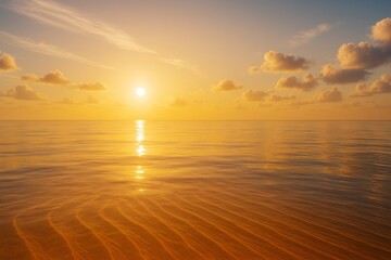 Aufkleber - Serene golden ocean sunset with clear skies and gentle clouds reflecting on calm water surface, showcasing tranquil natural light and peaceful seascape.
