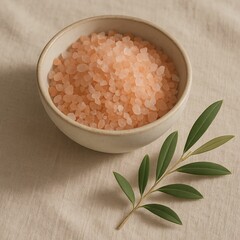 Poster - bowl filled with pink salt crystals, accompanied by green leaves.