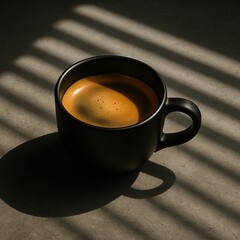 Poster - black coffee cup filled with frothy espresso on tabletop.
