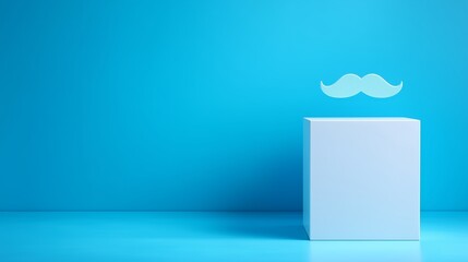 Poster - Creative display of a floating mustache on a blue pedestal in a modern setting