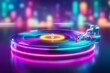 © Georgy - A record player's needle is shown in close-up as it tracks the grooves on a vinyl record, set against a backdrop of bright teal and pink illumination