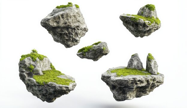 Floating Mossy Rocks 3D Render Digital Art
