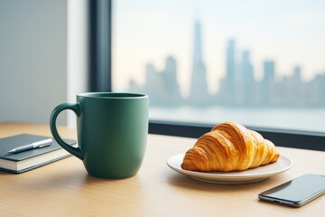 Aufkleber - Morning coffee and croissant on table with city skyline background in soft sunlight, creating a cozy and creative lifestyle ambiance.