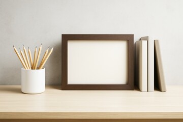 Poster - Wooden photo frame mockup with pencils in white holder and books on light wooden desk against gray wall background in minimalist lifestyle scene.