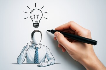 Aufkleber - Hand drawing faceless business person and light bulb on white background symbolizing creative thinking, innovation and idea generation concept.