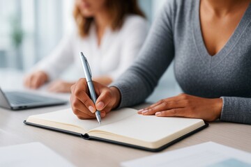 Poster - Close-up of woman taking notes in notebook with another person using laptop in background on light office desk. Professional work concept.