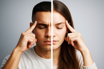 Poster - Split image of man and woman touching temples with closed eyes on gray background showing concept of mental focus and gender unity in thought.