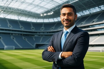 Aufkleber - Confident business professional in formal suit standing in modern football stadium with arms crossed, under natural light and clear roof background.