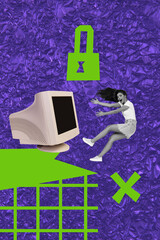 Aufkleber - Trend artwork template design 3D collage sketch of remote online obsolete computer technology lock security data young lady fly smile