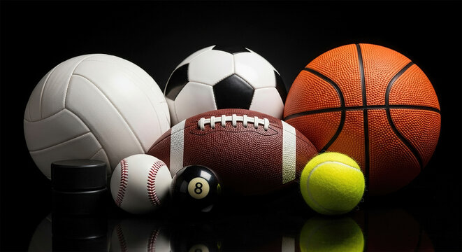Group of Sports balls: football basketball volleyball baseball soccer tennis billiard golf ball and hockey puck on black background - 3d rendering