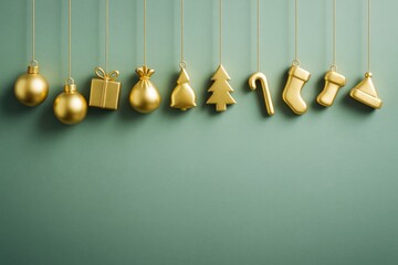 Poster - Golden Christmas ornaments hanging on strings with soft shadows on minimal green background, clean copyspace for banner or poster design concept.