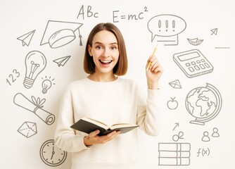 Poster - Happy young woman holding book and pencil with drawn educational science and learning icons on light background, concept of studying and creativity.