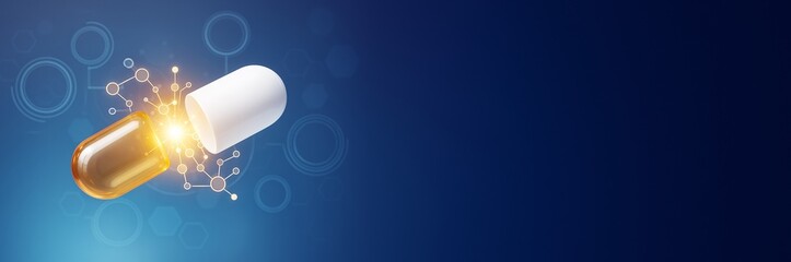 Poster - Open capsule with glowing molecular structure and futuristic science network on clean blue background with copyspace for medical promotion and design template.