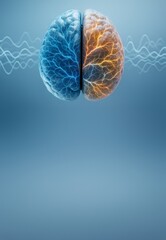 Poster - Abstract illustration of human brain with electric impulses on blue background showing left and right hemisphere functions and energy flow.
