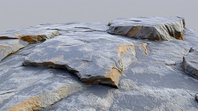 A digital rendering of a rugged, gray and ochre rock formation, showcasing various textures and crevices