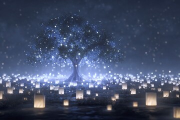 Poster - The background is filled with white, glowing lights that create an ethereal atmosphere. In front of it stands a lone oak tree surrounded by small white lanterns. This image symbolizes technology's