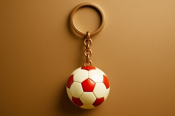 Poster - Realistic soccer ball keychain with red and white pattern on warm brown background, hanging by golden chain in minimal creative light style.