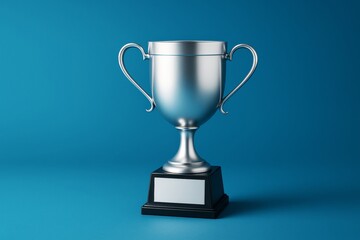 Poster - Silver trophy cup with blank nameplate on blue background for award concept and mockup design with copy space for advertising or branding template.
