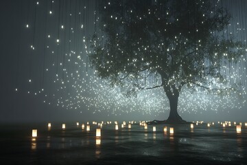 Poster - The background is filled with white, glowing lights that create an ethereal atmosphere. In front of it stands a lone oak tree surrounded by small white lanterns. This image symbolizes technology's