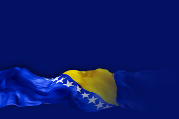 Fototapete - Floating colors of the Bosnia and Herzegovina flag against a deep blue backdrop create a striking visual. This design offers ample space for additional text or graphics to enhance messaging