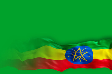Fototapete - This layout features the Ethiopian national flag with its distinct colors and emblems, set against a solid green background offering ample space for additional text or graphics.