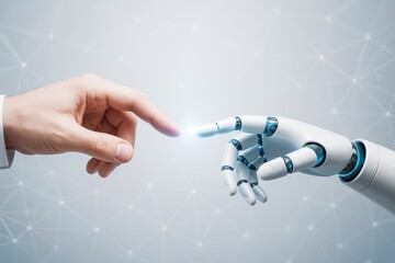 Poster - Human finger touching robotic hand fingertip with glowing light on abstract blue background symbolizing connection between man and machine in technology.