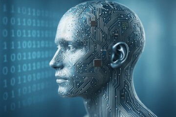 Poster - Human face integrated with circuit board and microchips, symbolizing artificial intelligence and future technology on digital binary background light blue..
