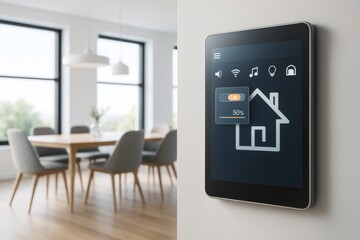 Poster - Smart home control panel interface on wall inside modern dining room with bright background and natural light, symbolizing smart technology.