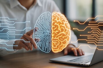 Poster - Human hand interacting with illuminated brain-shaped circuit interface symbolizing artificial intelligence and machine learning on tech background..