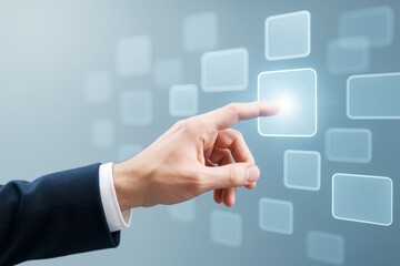 Aufkleber - Businessman hand touching a glowing digital button on a futuristic interface with tech-style background and illuminated squares in perspective.